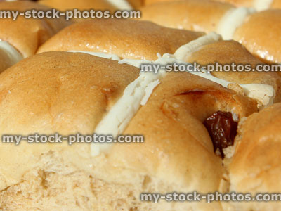 Stock image of Easter hot cross buns, close up of crosses / top