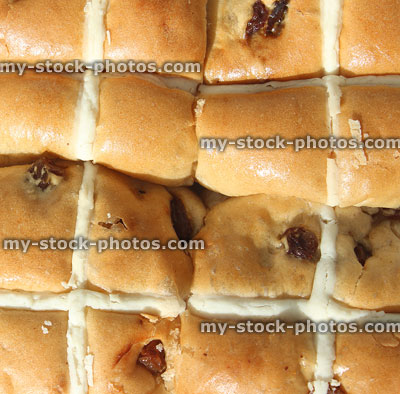 Stock image of homemade hot cross buns in rows, Easter food
