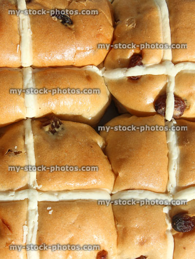 Stock image of Easter hot cross buns in rows, with crosses