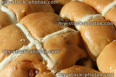 Stock image of homemade hot cross buns, freshly baked, close up of crosses