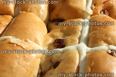 Stock image of homemade hot cross buns, baked at Easter time