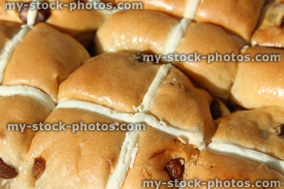 Stock image of Easter hot cross buns, close up showing crosses, raisins