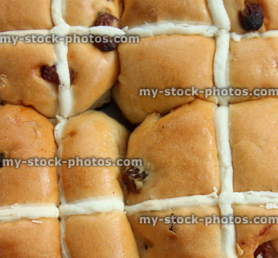 Stock image of homemade hot cross buns, rows of Easter crosses