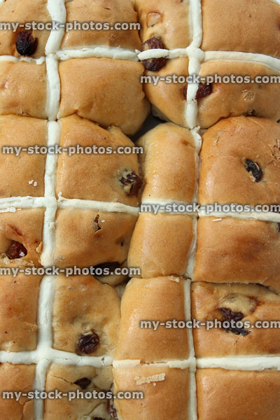 Stock image of homemade hot cross buns, grouped together with crosses