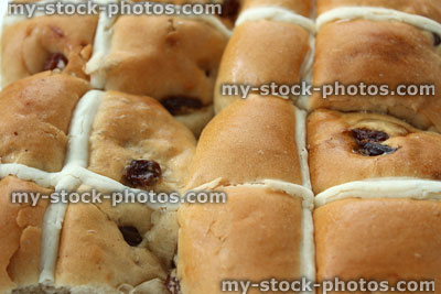 Stock image of homemade hot cross buns, Easter crosses, grouped together