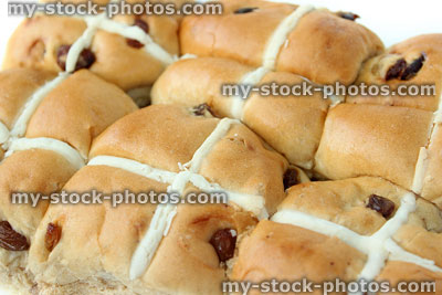 Stock image of homemade hot cross buns, baked at Easter time