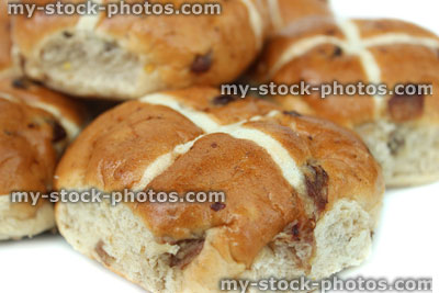 Stock image of homemade hot cross buns, close up, Easter holiday food