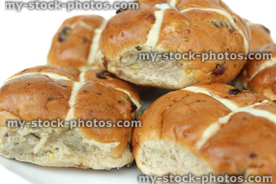 Stock image of homemade hot cross buns on plate, Easter time