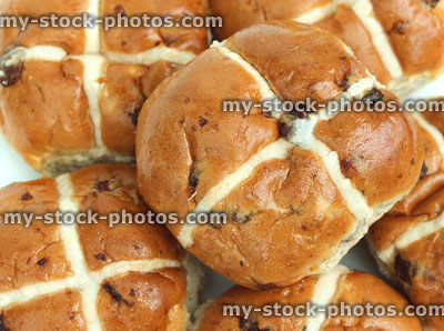 Stock image of homemade, glazed hot cross buns, crosses, Easter time