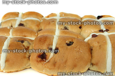 Stock image of home baked hot cross buns, side view, Easter time food