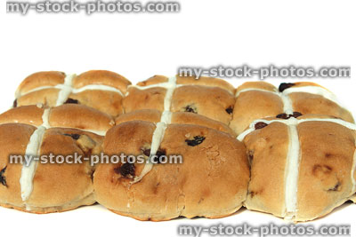 Stock image of homemade hot cross buns, side view, baked for Easter