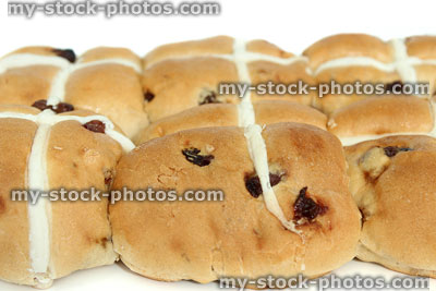 Stock image of homemade hot cross buns, side view, baked for Easter holidays