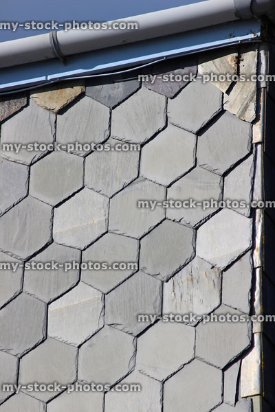 Stock image of hexagonal slate wall tiles on exterior of house