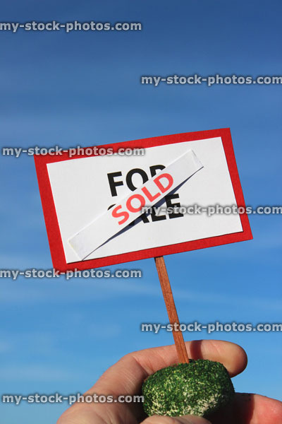 Stock image of small model house For Sale / Sold sign, held in hand