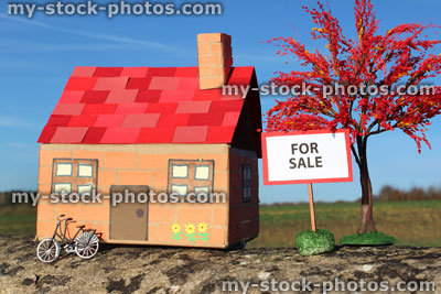 Stock image of cardboard model house (toy dolls house), For Sale, real estate, estate agent, property