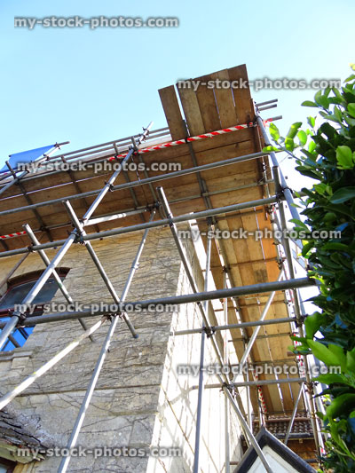 Stock image of stone house with scaffolding poles / planks, Virginia creeper