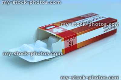 Stock image of open, red cardboard packet of Ibruprofen pain relief (close up)