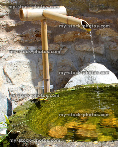 Stock image of stone basin / bamboo fountain water feature in Japanese Zen garden