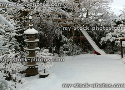 Stock image of domestic garden in winter covered in snow