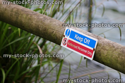 Stock image of keep Off sign, 'Authorised Personnel Only', blue and red