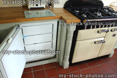 Stock image of traditional country kitchen, gas range cooker, integrated freezer in cabinet