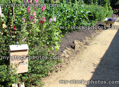 Stock image of kitchen garden signpost / ornamental vegetable garden with wheelbarrow