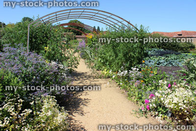 Stock image of kitchen garden signpost / ornamental vegetable garden, metal pergola / arch, climbing plants