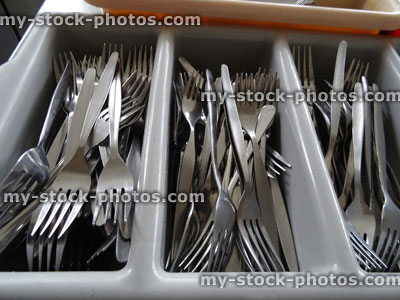 Stock image of commercial stainless steel cutlery / kitchen knives and forks, cutlery tray