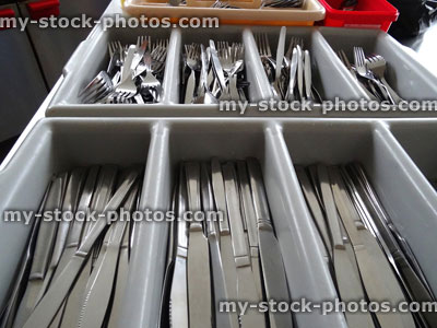 Stock image of commercial stainless steel cutlery / kitchen knives and forks, cutlery tray