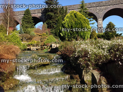 Stock image of cascading waterfall in rockery garden, dwarf conifers, bridge