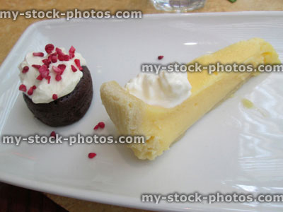 Stock image of chocolate fondant cake, vanilla ice cream, praline hazelnut tuile, lemon tart / torte