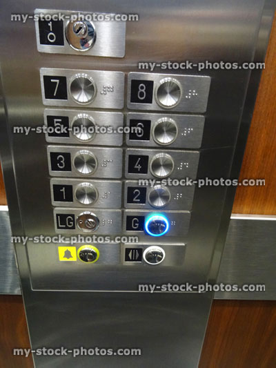 Stock image of buttons in lift / elevator keypad, stainless steel control panel, ground floor, Braille