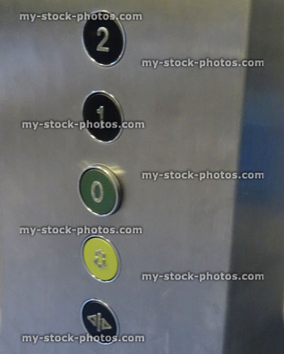 Stock image of buttons in lift / elevator keypad, silver control panel, alarm button
