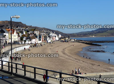 Stock image of Lyme Regis seaside, beach, shops, sand and holidaymakers