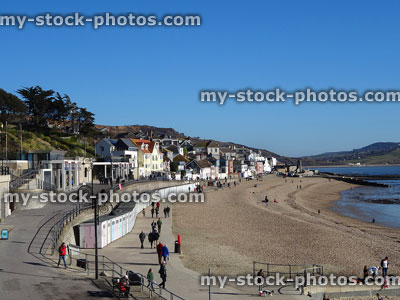 Stock image of Lyme Regis seaside town with beach, gift-shops, tourists