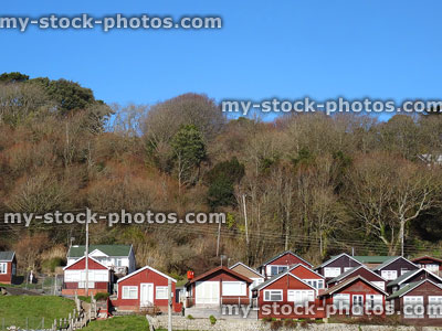 Stock image of wooden mobile homes / chalets in beach holiday park
