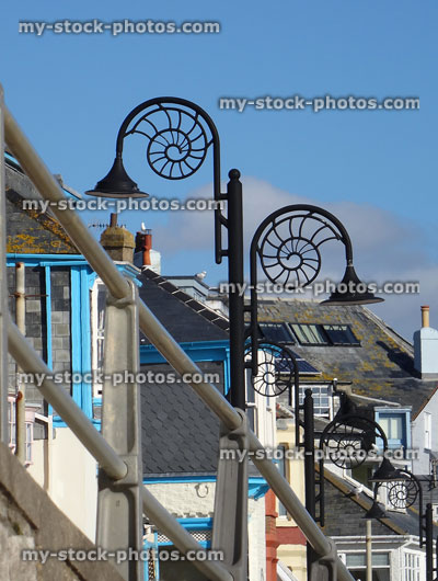 Stock image of black ammonite street lamps in Lyme Regis, Dorset