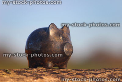 Stock image of silver metal piggy bank pig, tarnished / rusty, blue sky background