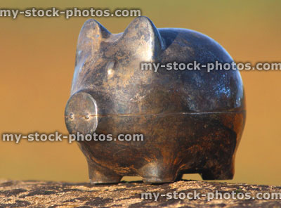 Stock image of silver metal piggy bank pig, tarnished / rusty, blurred garden background