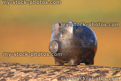 Stock image of silver metal piggy bank pig, tarnished / rusty, blurred garden background