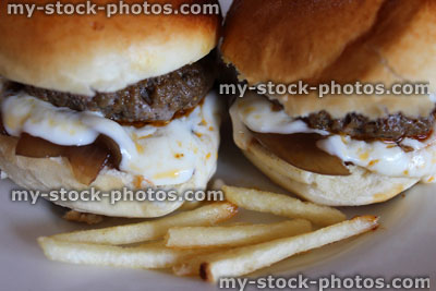 Stock image of mini beef burgers / mini burgers with French fries