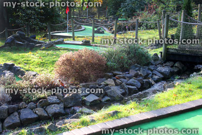 Stock image of miniature golf course (crazy golf), putting greens / flags