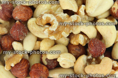 Stock image of mixed nuts close up, almonds, cashews, hazelnuts and walnuts