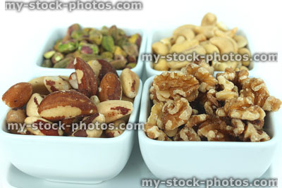 Stock image of mixed nuts (health benefits), cashews, walnuts, pistachios, brazils, monounsaturated fats