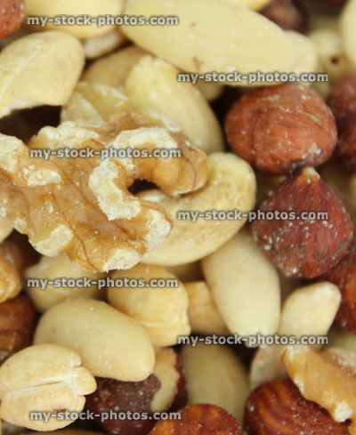 Stock image of mixed nuts healthy snack food, almonds, cashews, hazelnuts and walnuts