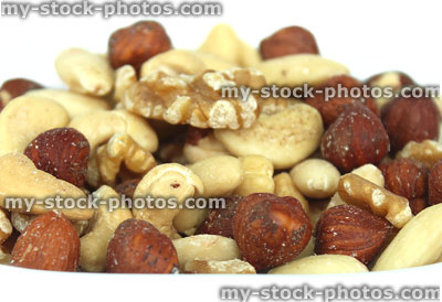 Stock image of mixed nuts health food, almonds, cashews, hazelnuts and walnuts