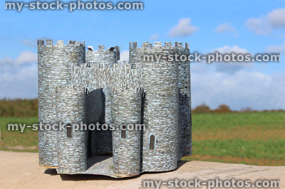 Stock image of homemade cardboard castle / medieval model castle, with battlements, turrets, crenellations