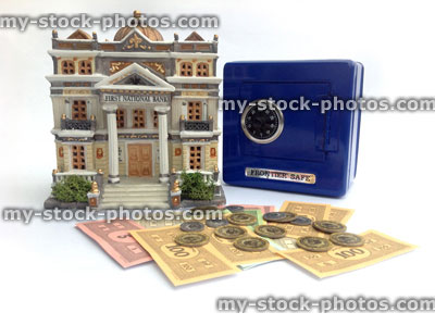 Stock image of money box (blue safe), bank and cash
