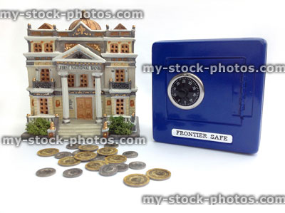 Stock image of money box (blue safe), bank and cash