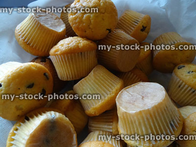 Stock image of small blueberry muffins / cakes in dish, breakfast buffet